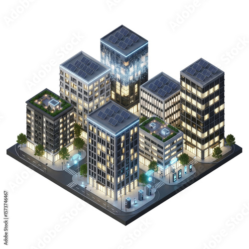 Isometric view of a modern city with illuminated buildings and infrastructure.