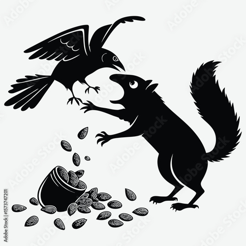 Squirrel slapping a crow over spilled acorns image silhouette design vector art and illustration
