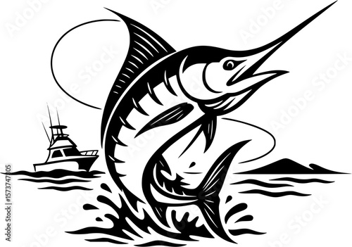 Marlin Jumping on Fishing Line – Black and White Vector Silhouette with Boat