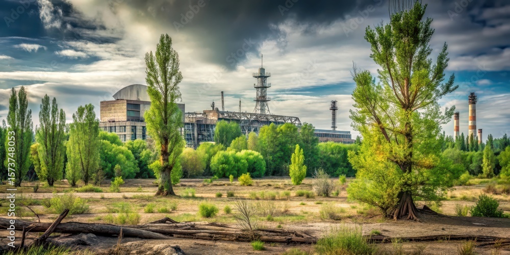 Fototapeta premium Overgrown vegetation and twisted trees in a deserted radioactive landscape within the Chernobyl Exclusion Zone