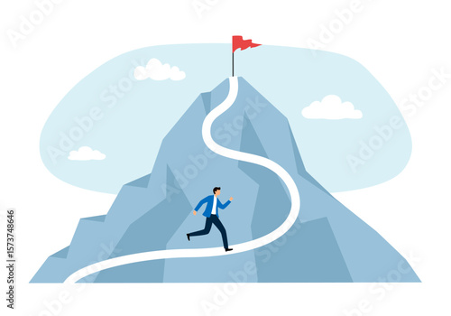 Businessman running up to the red flag on mountain, Career, challenge, trouble, obstacles, path to the goal, business concept growth to success, reach the target.