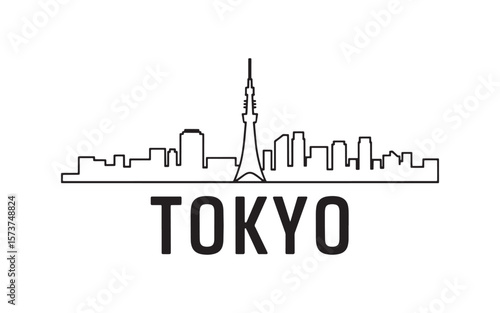 Minimalist Tokyo Skyline Illustration with Tower and Buildings Black and White Outline Vector Graphic Design Cityscape Urban Landmark