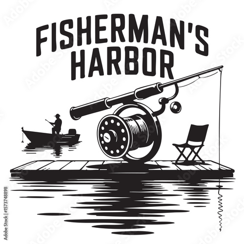 Fishermans harbor graphic with fishing rod reel boat and chair on dock over water