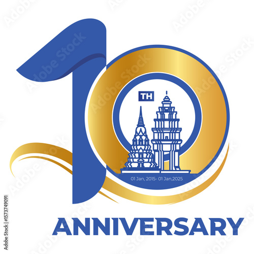 10th Anniversary vector design, blue and gold color with a symbol monument and Wat Phnom, Cambodia