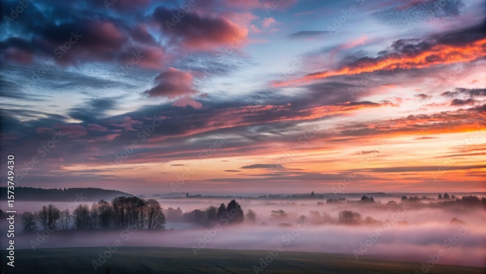 Obraz premium Dark grey clouds cover the sky with a subtle hint of pinkish hue at dawn