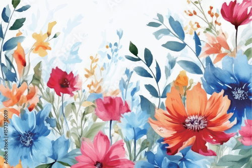 Watercolor flowers background material, colorful garden flowers in full bloom