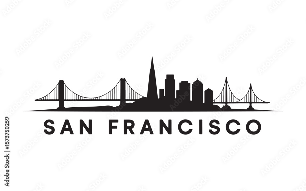 Obraz premium San Francisco Skyline Silhouette Iconic Landmarks and Cityscape Depiction with Bridges and Buildings in a Modern Minimalist Design