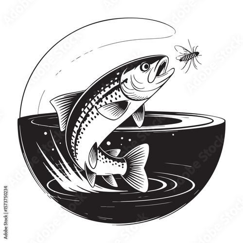 Trout leaping from water to catch a fly during a fishing expedition