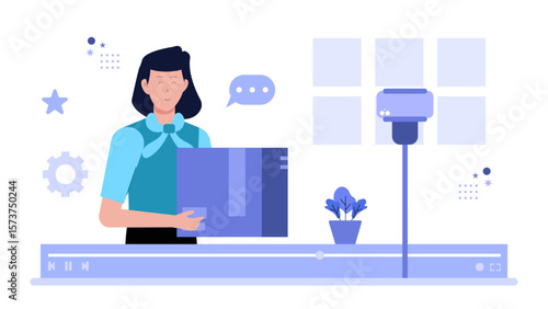 Salesperson demonstrating product in livestream, flat vector illustration