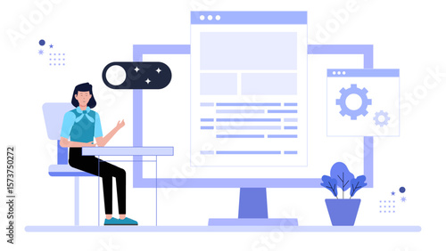 Product designer testing dark mode UI, flat vector illustration