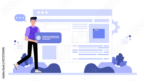 Freelancer delivering final draft via portal, flat vector illustration