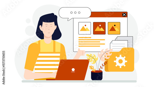 Freelancer hosting virtual portfolio presentation, flat vector illustration
