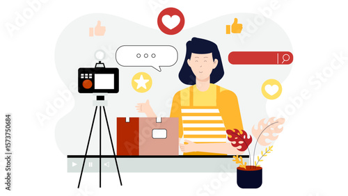 Salesperson demonstrating product in livestream, flat vector illustration