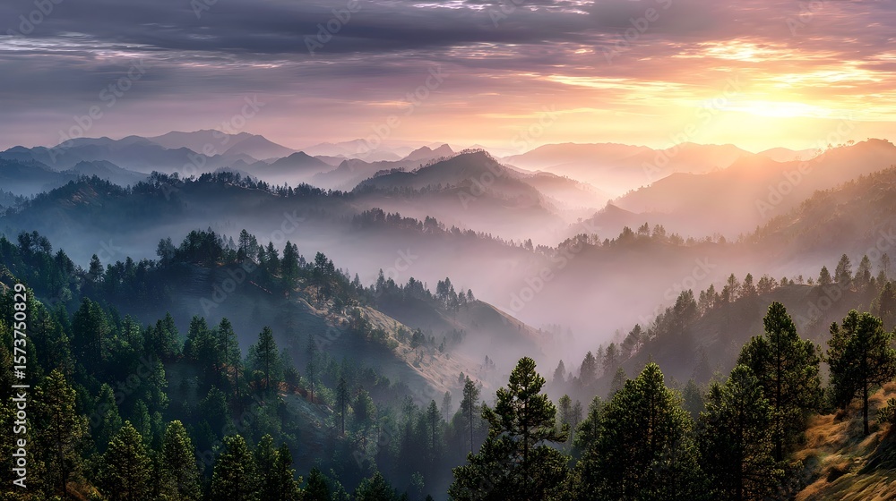 Obraz premium Breathtaking sunset over misty mountain ranges, creating a serene atmosphere with soft colors and towering pine trees.