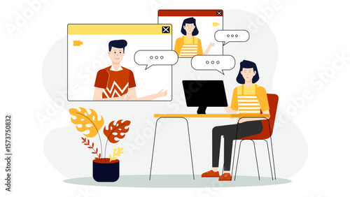 CEO hosting remote fireside chat with employees, flat vector illustration