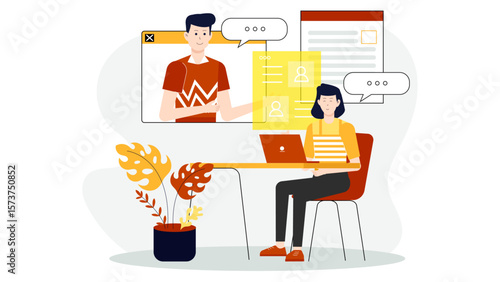 HR conducting exit interviews online, flat vector illustration