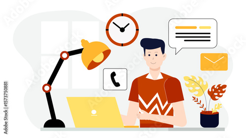 Remote workers joining morning check-in call, flat vector illustration