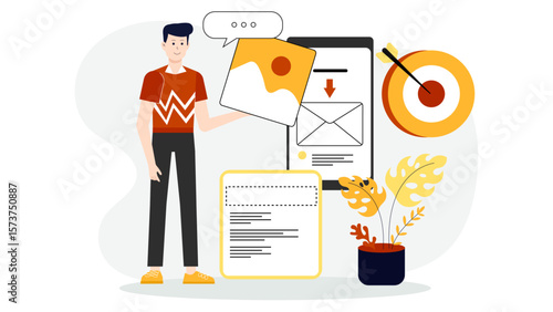 Freelancer delivering final draft via portal, flat vector illustration