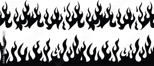 Black and white fire flames vector border repeating pattern design elements.