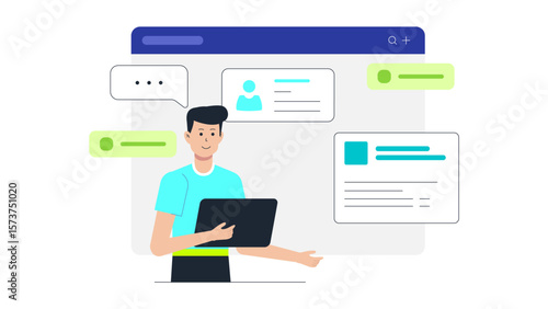 Freelancer hosting virtual portfolio presentation, flat vector illustration