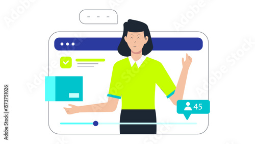 Salesperson demonstrating product in livestream, flat vector illustration