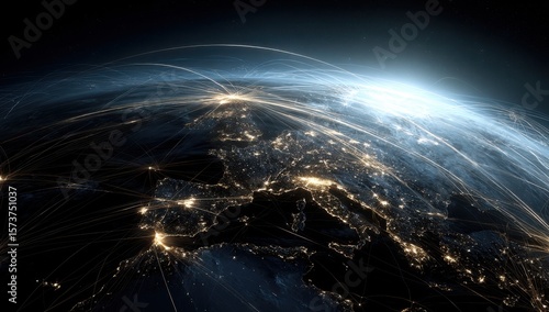 Europe at Night with Global Communication Network Lines Data Transfer and Connectivity Concept