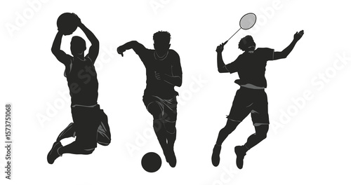 Dynamic silhouettes of athletes performing basketball, soccer, and badminton moves in mid-air, showcasing speed, skill, and energy in sports.