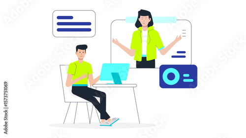 Remote team using Kanban board for workflow, flat vector illustration