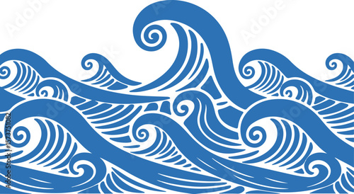 Blue wave seamless pattern design with swirls and curved lines