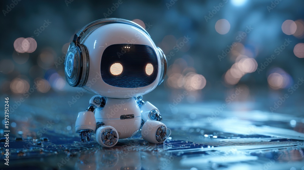 Fototapeta premium Cute Robot Sitting on Circuit Board Wearing Headphones in Soft Blue Lighting
