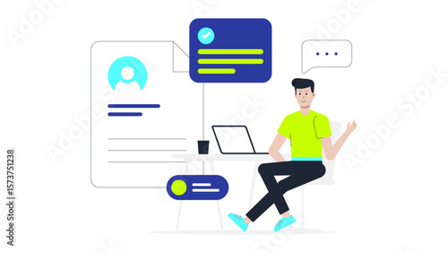 Freelancer delivering final draft via portal, flat vector illustration