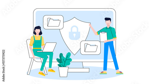 Employees taking online cybersecurity training, flat vector illustration