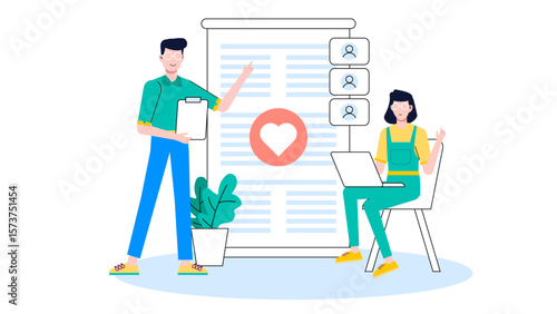 HR team planning employee wellness challenges, flat vector illustration