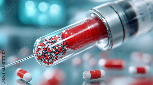 Innovative drug delivery system featuring capsules and syringe laboratory setting medical technology close-up view health concept