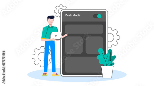 Product designer testing dark mode UI, flat vector illustration