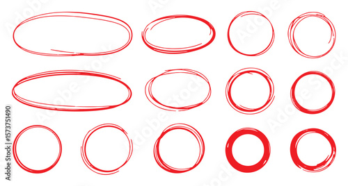 Collection of hand drawn red highlighter circles and oval shapes on white background