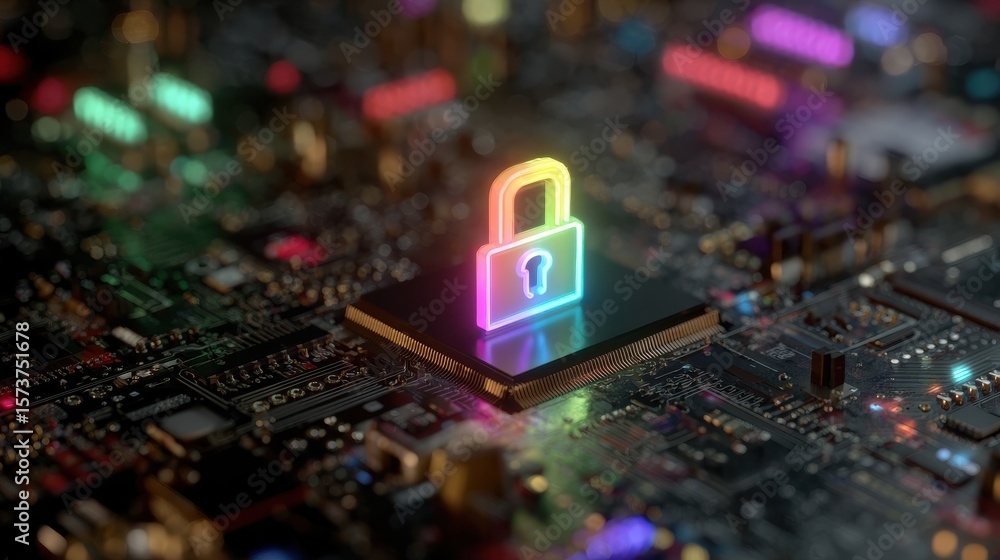 Obraz premium Cybersecurity Concept Glowing Padlock on a Computer Processor Illustrating Data Protection and Digital Security