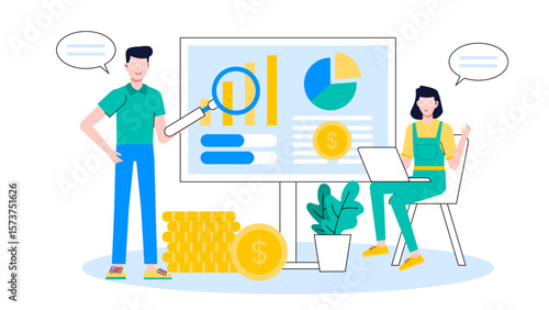 Finance team analyzing cash flow trends, flat vector illustration