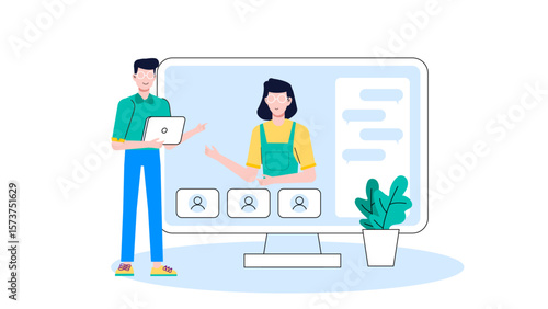 CEO hosting remote fireside chat with employees, flat vector illustration