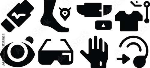 Vector art of collection of health and technology icons including a fitness tracker, foot, vr glasses, and hearing aid isolated on transparent background.