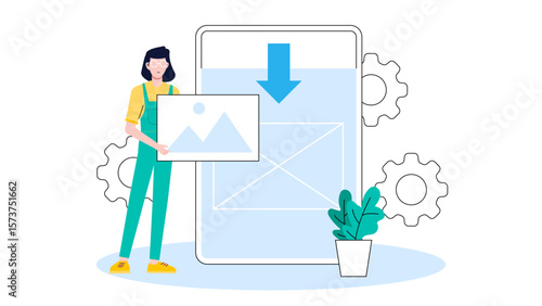 Freelancer delivering final draft via portal, flat vector illustration