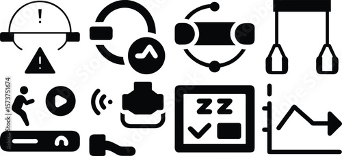 Vector art of collection of health and fitness tracking icons including sleep, activity, and data analysis isolated on transparent background.