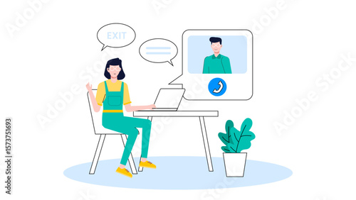 HR conducting exit interviews online, flat vector illustration