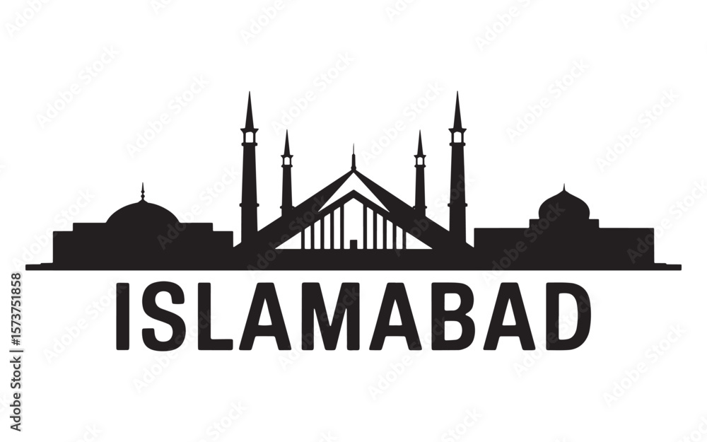 Obraz premium Striking Black Silhouette of Islamabad Skyline A Modern Cityscape Depiction and Architectural Landmark Representation with Clear Lettering