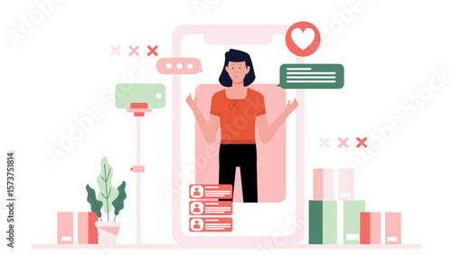 Salesperson demonstrating product in livestream, flat vector illustration