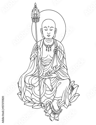 A black line art illustration of a Buddhist monk or Bodhisattva (Ksitigarbha) seated on a lotus flower throne.