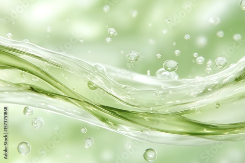 Abstract flowing green liquid with transparent bubbles and gentle waves creating a serene and refreshing background