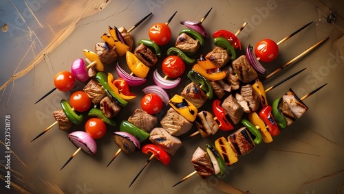 Top view of colorful vegetable and meat skewers on rustic table