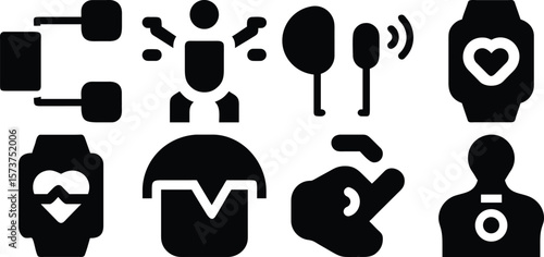 Vector art of collection of health and fitness technology icons including smartwatches, earbuds, and activity tracking isolated on transparent background.