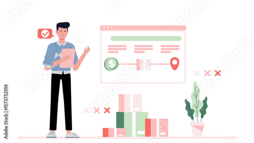 E-commerce owner managing cross-border shipping, flat vector illustration